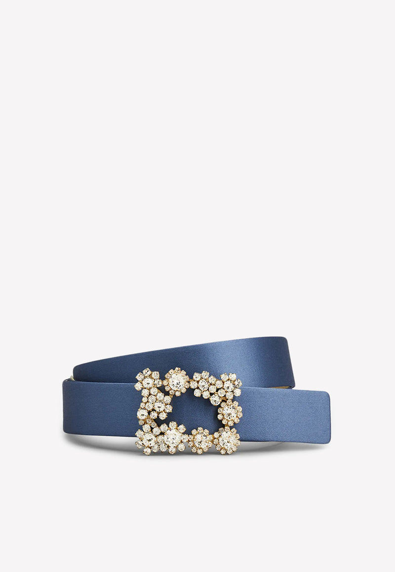 Roger Vivier Floral Crystal Buckle Belt in Satin Blue RCWC0AD0100RS0U004 RASO