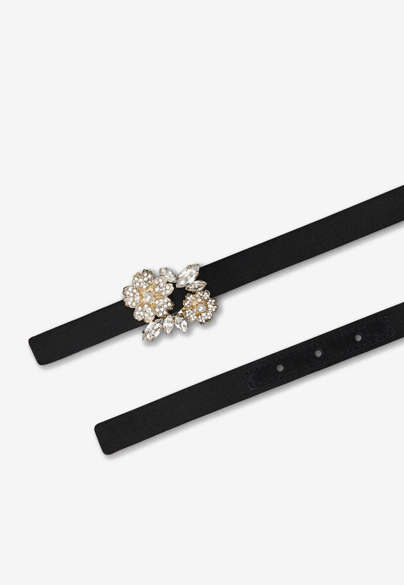 Roger Vivier RV Bouquet Pearl and Crystal Buckle Satin Belt Black RCWC0AU1000RS0B999 B999