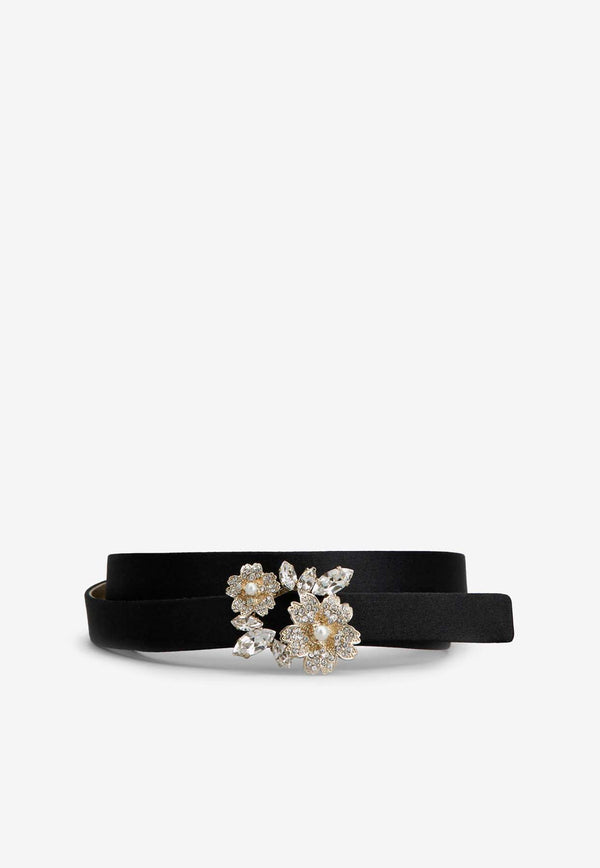 Roger Vivier RV Bouquet Pearl and Crystal Buckle Satin Belt Black RCWC0AU1000RS0B999 B999