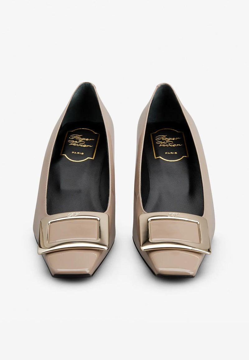 Roger Vivier Belle Vivier 45 Metal Buckle Pumps in Patent Leather Beige RVW00600920D1PC415 C415