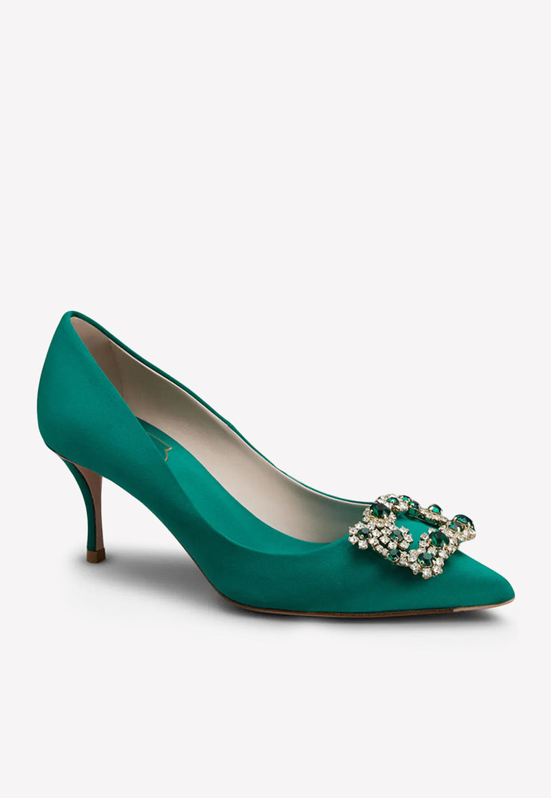 Roger Vivier 65 Flower Strass Buckle Pumps in Satin RVW41417620RS09991 9991 Green