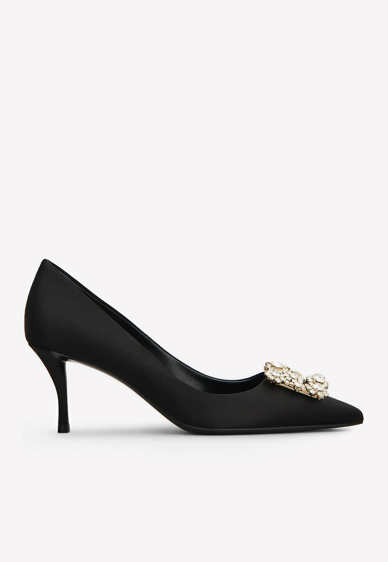 Roger Vivier 65 Crystal Flower Buckle Satin Pumps Black RVW41417620RS0B999 RASO