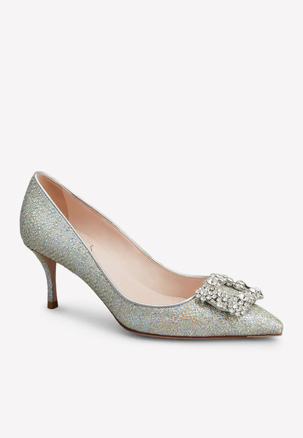 65 Crystal-Embellished Flower Strass Buckle Pumps Roger Vivier RVW41428200RDHB200 Silver