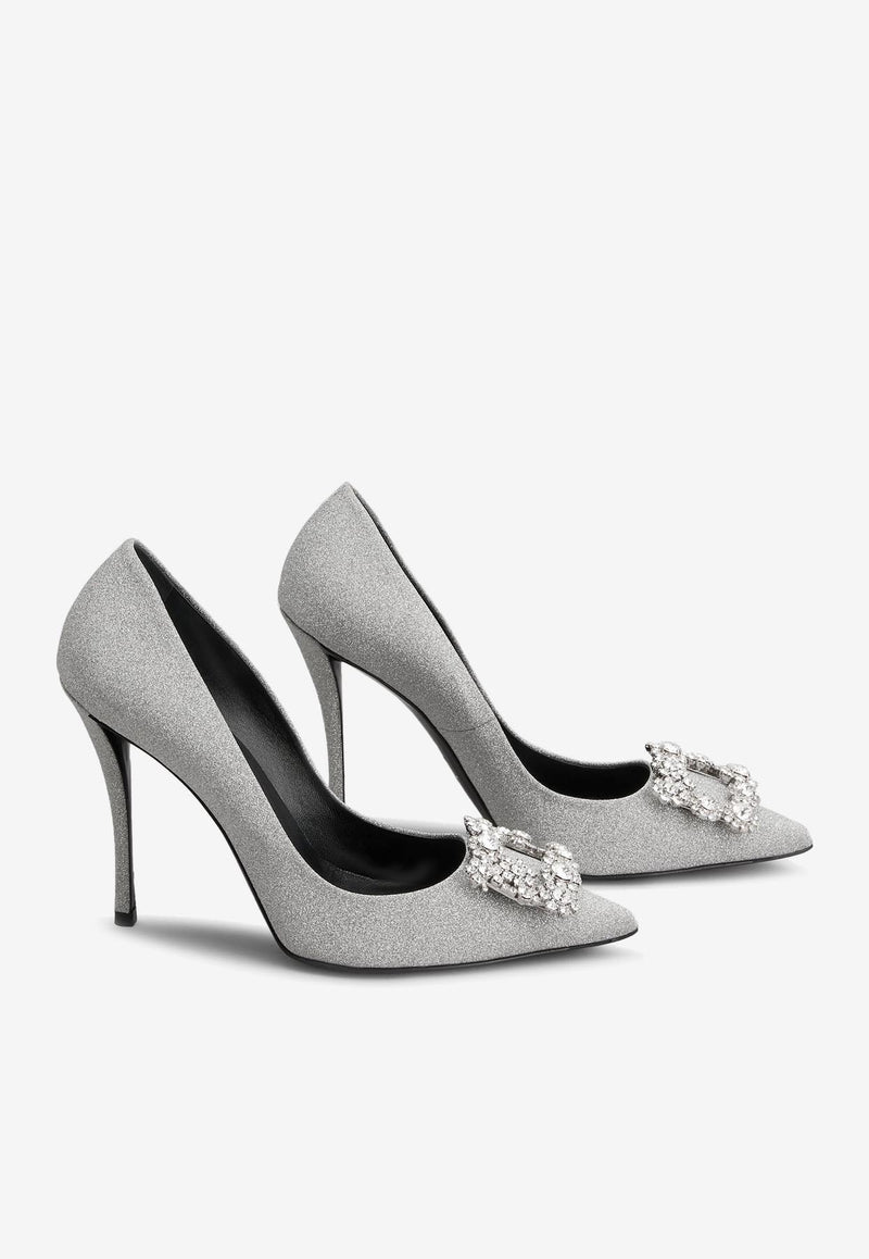 Roger Vivier 100 Crystal Flower Buckle Pumps in Glitter Fabric RVW41917620JO1B200 B200 Silver