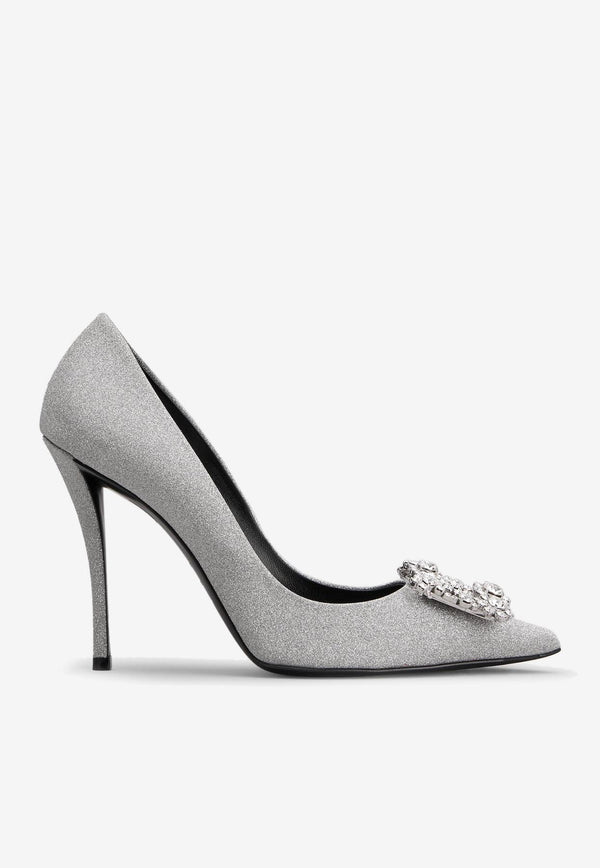 Roger Vivier 100 Crystal Flower Buckle Pumps in Glitter Fabric RVW41917620JO1B200 B200 Silver