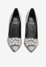 Roger Vivier 100 Crystal Flower Buckle Pumps in Glitter Fabric RVW41917620JO1B200 B200 Silver