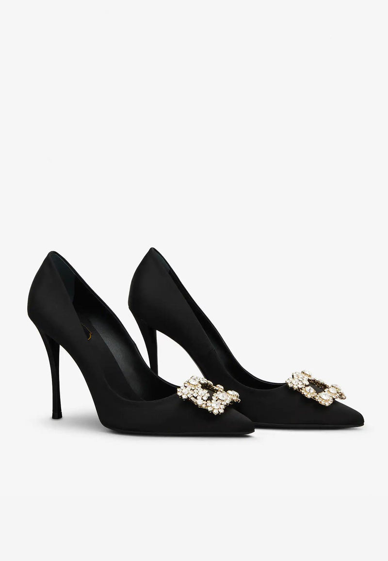 Roger Vivier 100 Flower Strass Buckle Pumps in Satin Black RVW41917620RS0B999 B999