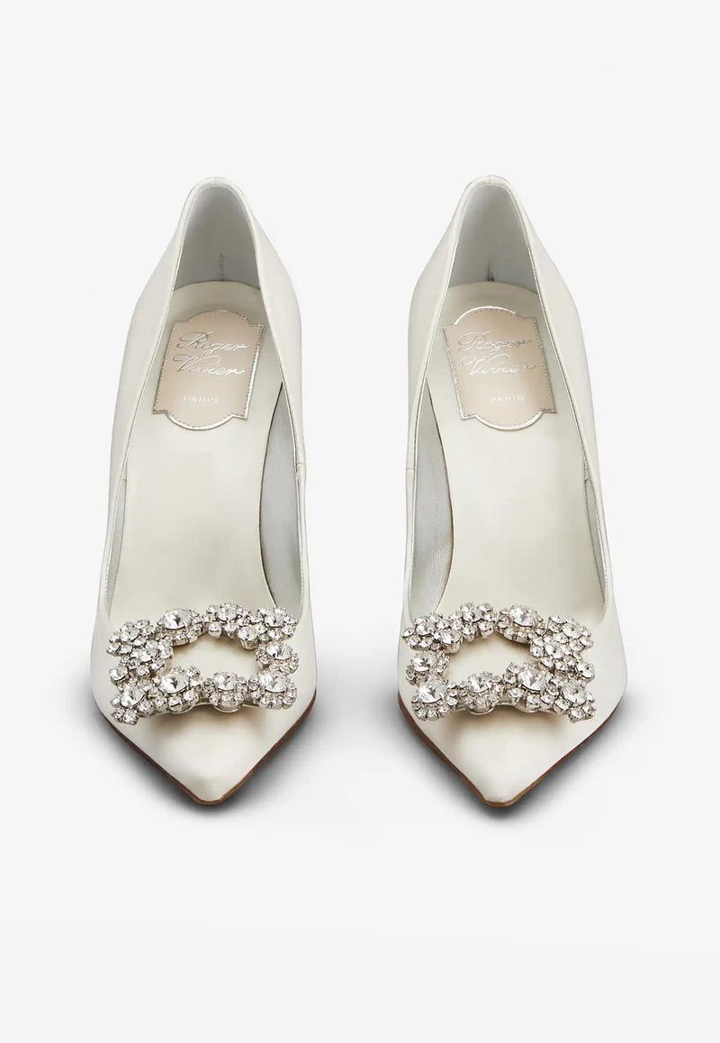 Roger Vivier 100 Flower Strass Buckle Pumps in Satin Off-white RVW41917620RS0C001 C001