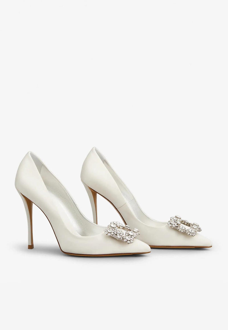 Roger Vivier 100 Flower Strass Buckle Pumps in Satin Off-white RVW41917620RS0C001 C001