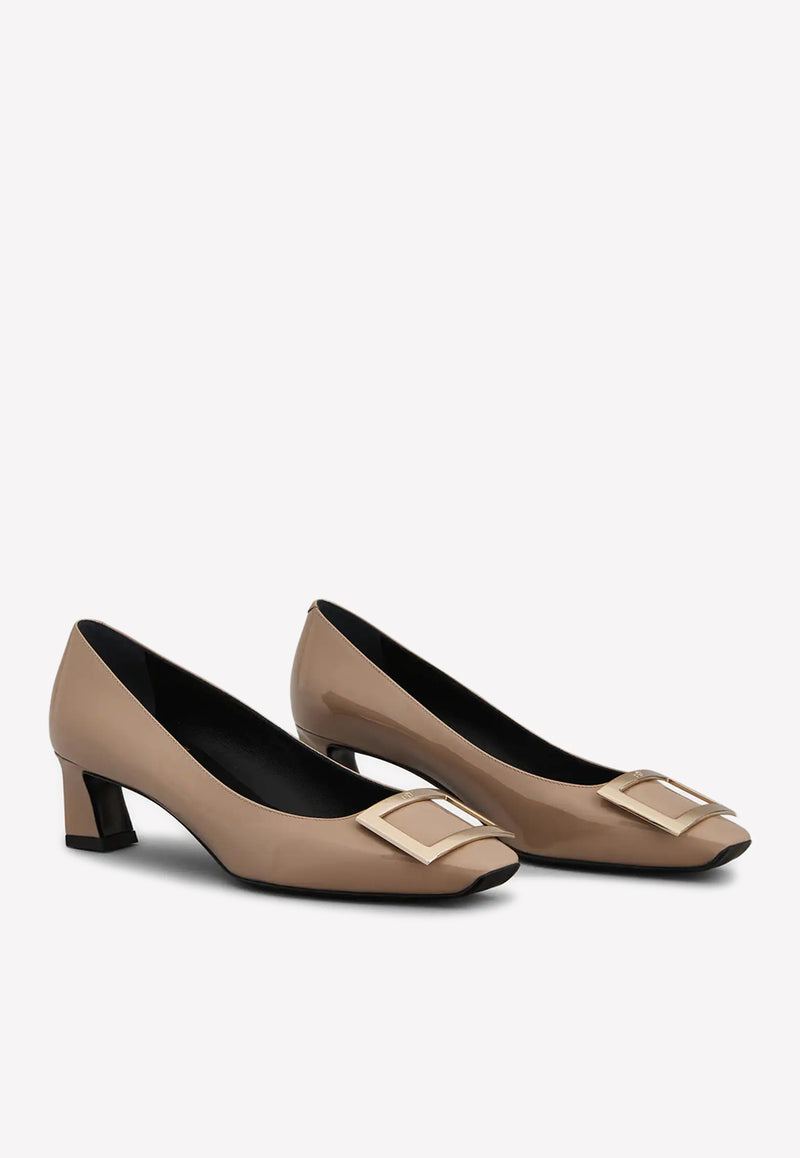 Roger Vivier Trompette 45 Metal Buckle Pumps in Patent Leather Beige RVW44815280D1PC415 VERNIS LUXOR