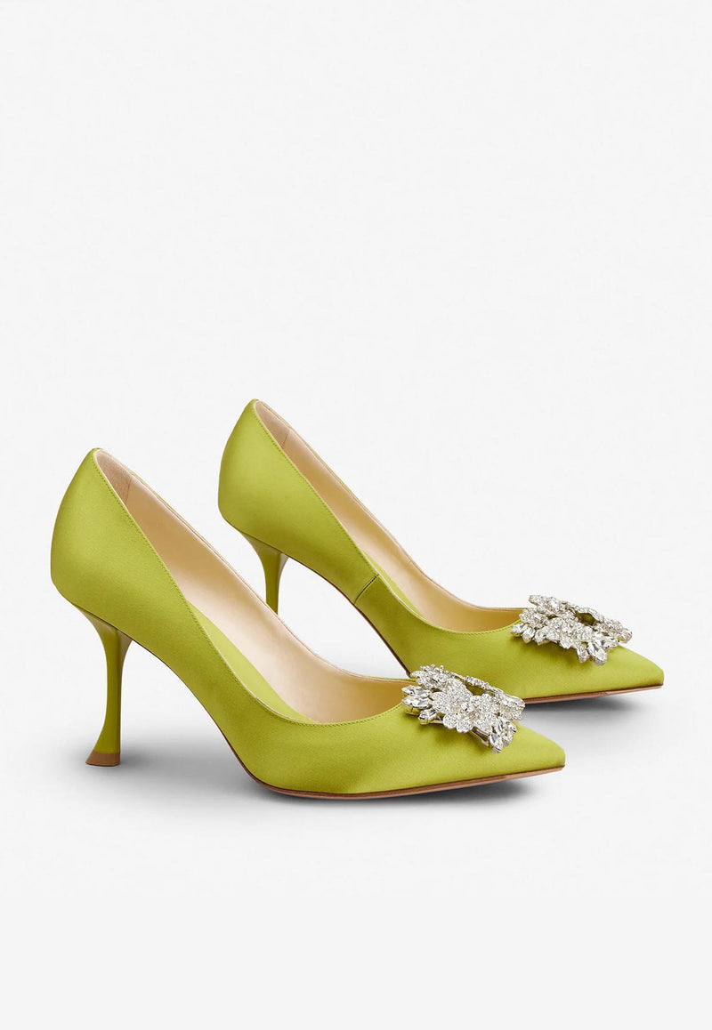 Roger Vivier 85 Bouquet Strass Buckle Pumps in Satin Yellow RVW53028020RS0V213 V213