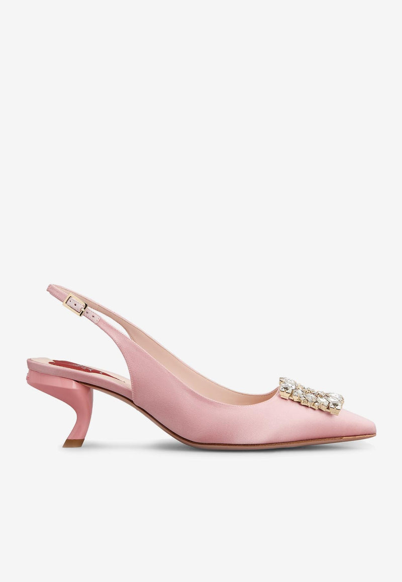 Roger Vivier 55 Virgule Crystal Buckle Slingback Pumps in Satin RVW63834500RS0M407 M407 Pink