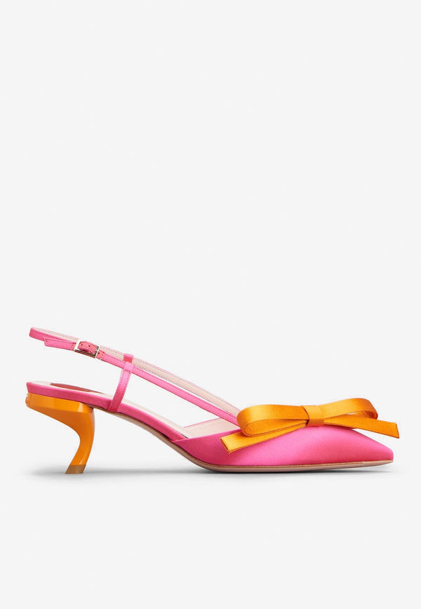 Roger Vivier 55 Virgule Bow Slingback Pumps in Satin RVW63835420RS01U19 1U19 Pink