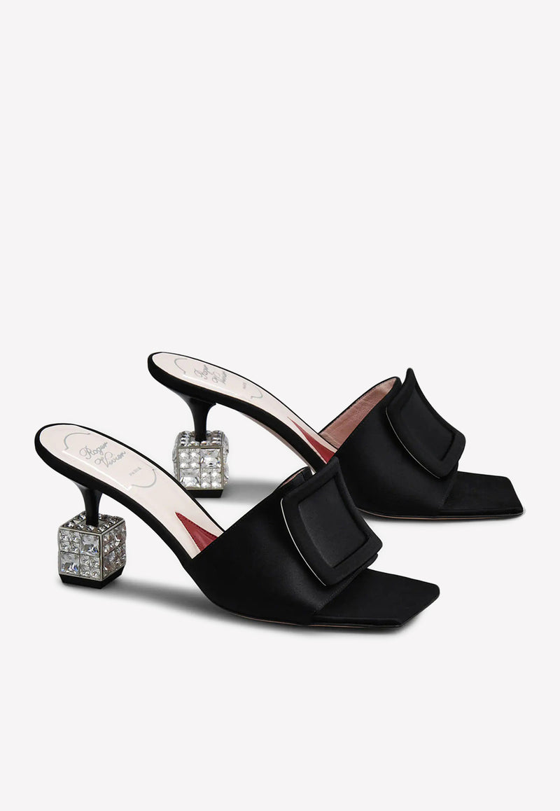 Roger Vivier Cube 75 Crystal Heel Satin Mules Black RVW64932170RS0B999 RASO