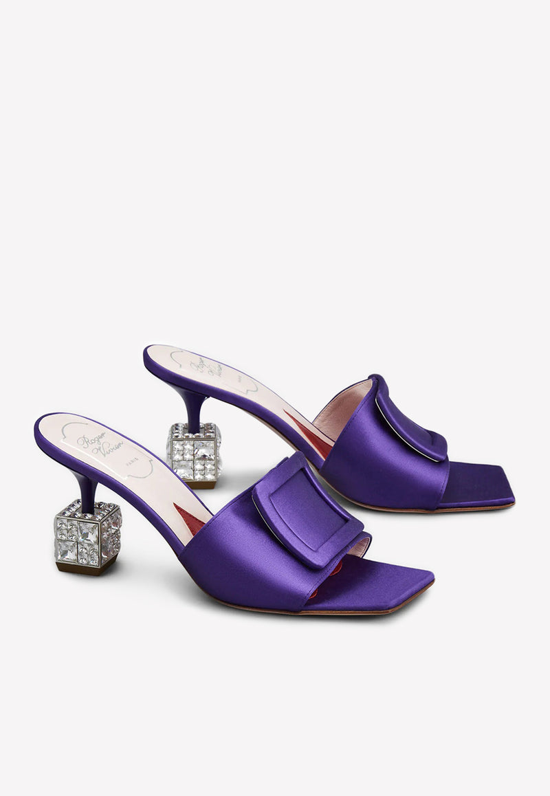 Roger Vivier Cube 75 Crystal Heel Satin Mules Violet RVW64932170RS0L601 RASO