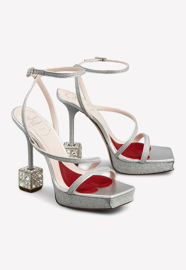 Roger Vivier Cube 120 Crystal Heel Glitter Sandals Silver RVW65232260R9IB200 ARGENTO