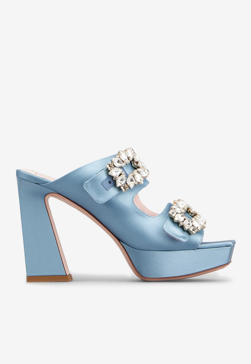 Roger Vivier Slidy Viv
 100 Crystal Buckle Platform Mules in Satin RVW69935100RS0U208 U208 Blue