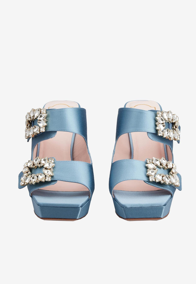 Roger Vivier Slidy Viv
 100 Crystal Buckle Platform Mules in Satin RVW69935100RS0U208 U208 Blue