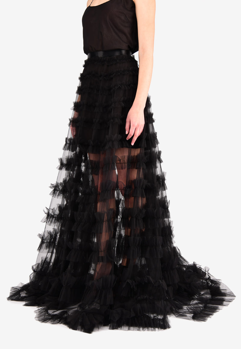 Rachel Gilbert Black Eira Ruffled Floor-Length Skirt 17SSRG70050.BLK