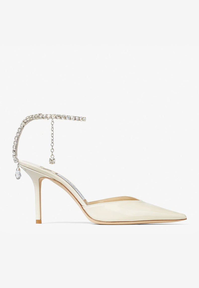 Jimmy Choo Saeda 85 Crystal Embellished Pumps in Patent Leather White SAEDA 85 BOB LINEN/CRYSTAL