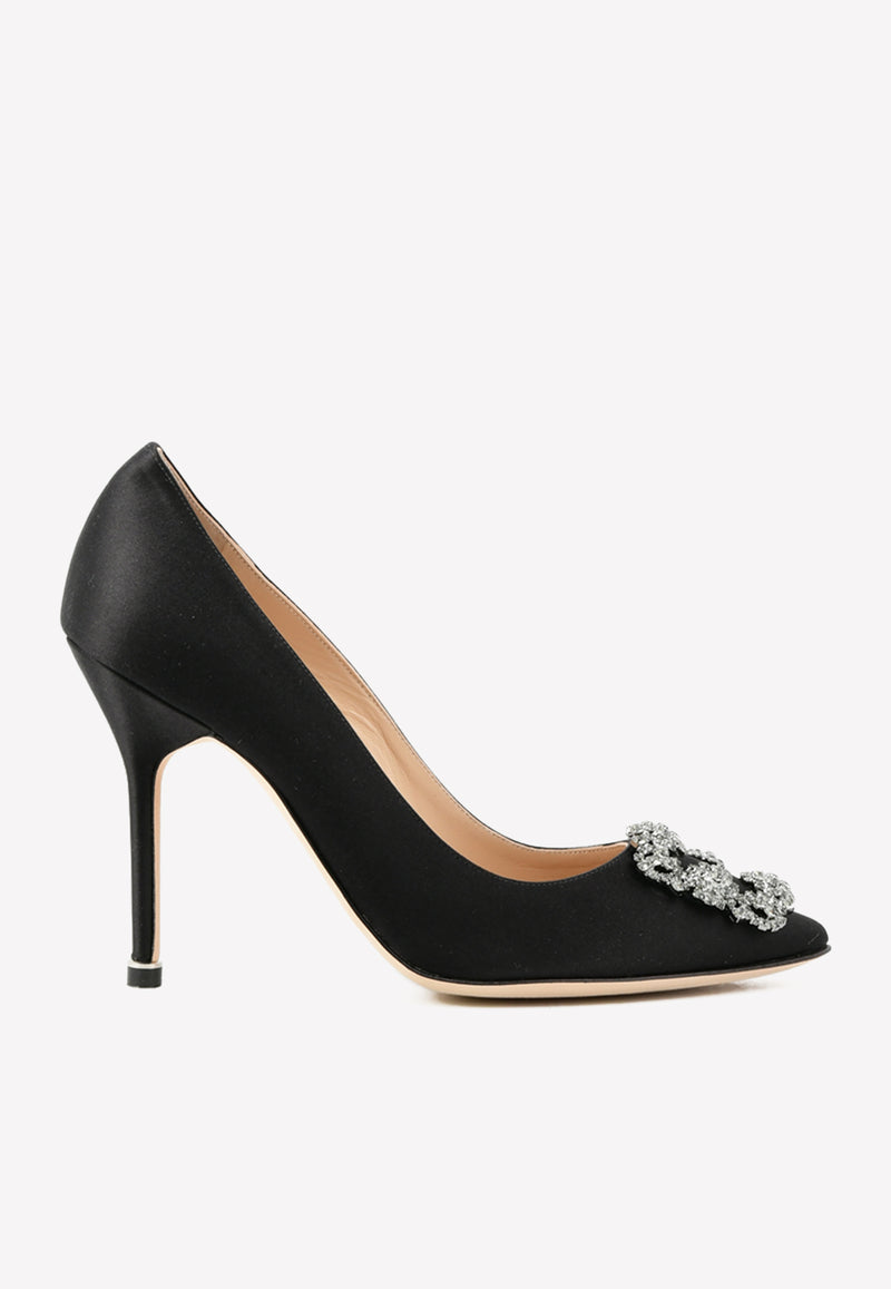 Manolo Blahnik Hangisi 105 Satin FMC Crystal Buckle Pumps 9XX-0664BLACK