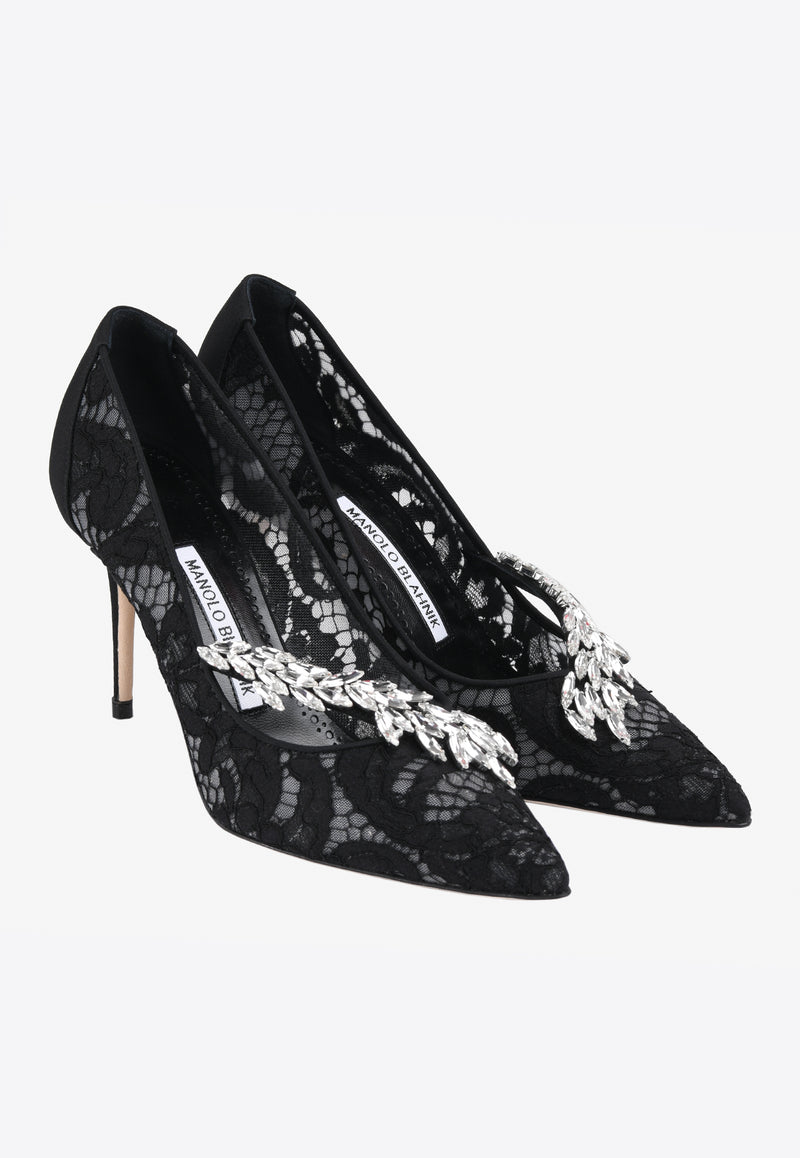 Manolo Blahnik Nadira Lace 90  Crystal-Embellished Pumps Black 219-0126BLACK