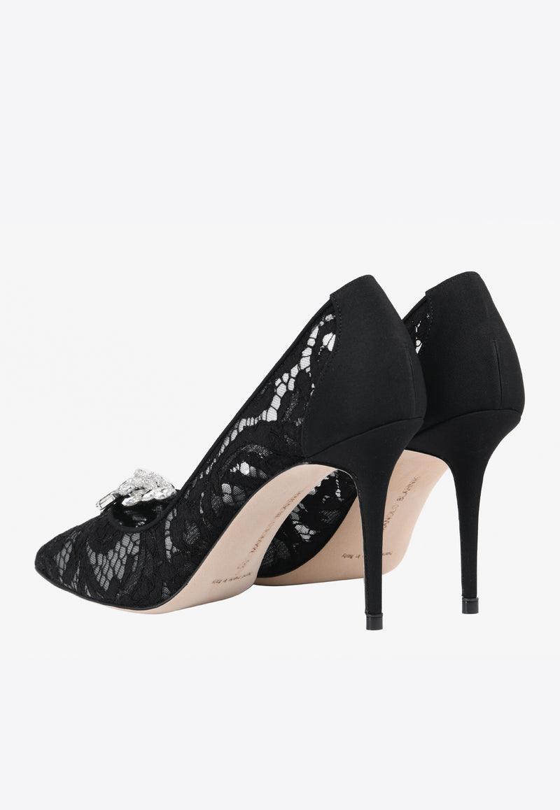 Manolo Blahnik Nadira Lace 90  Crystal-Embellished Pumps Black 219-0126BLACK