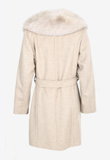 Sofia Cashmere by Dale Dressin Fox Fur Trimmed Belted Wool Coat Beige