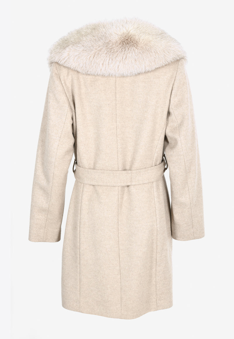 Sofia Cashmere by Dale Dressin Fox Fur Trimmed Belted Wool Coat Beige