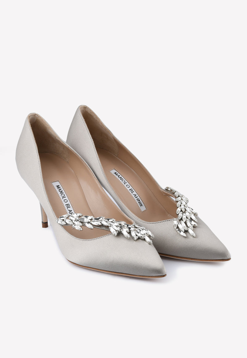 Manolo Blahnik Nadira 70 Crystal Leaf Satin Pumps Grey NADIRA 70 GREY 0502 0368-0040