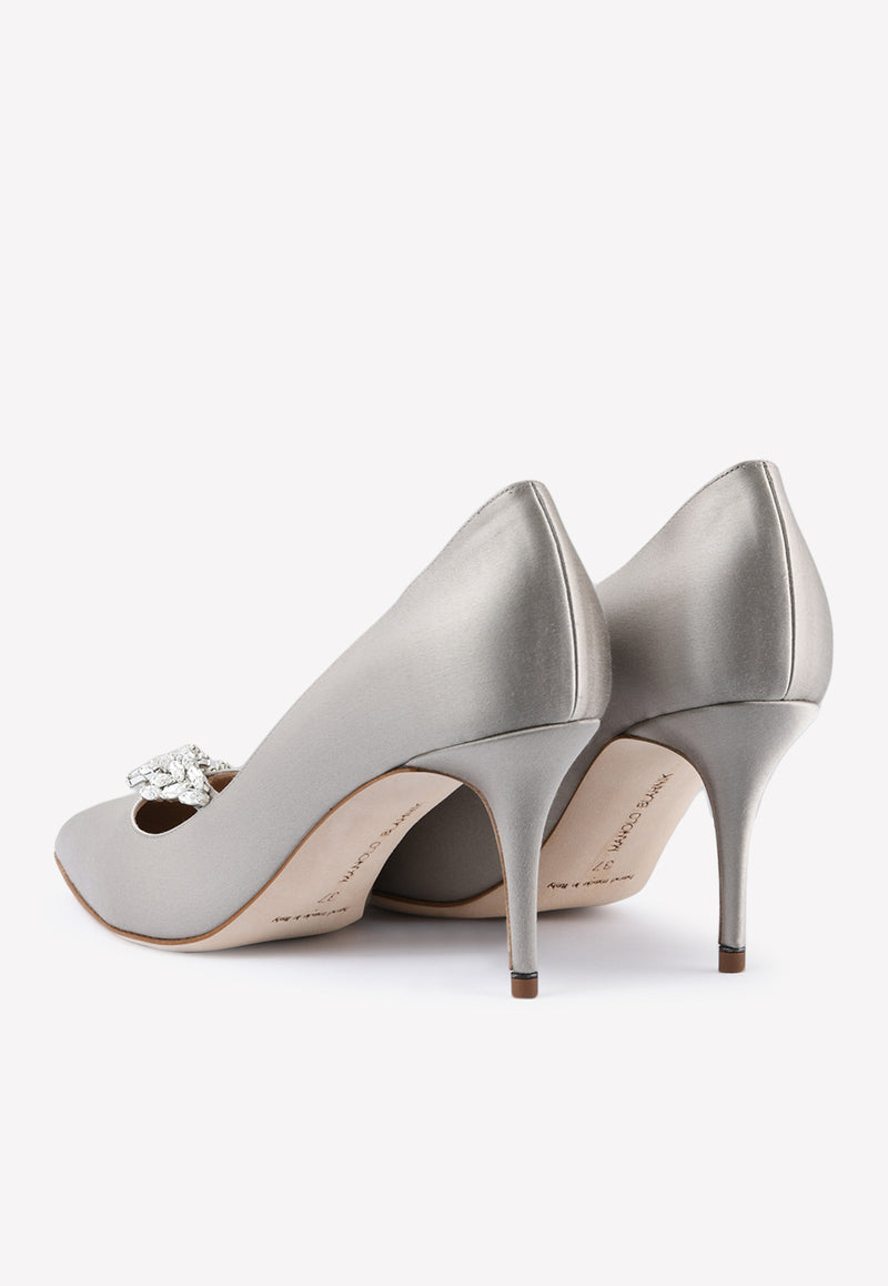 Manolo Blahnik Nadira 70 Crystal Leaf Satin Pumps Grey NADIRA 70 GREY 0502 0368-0040