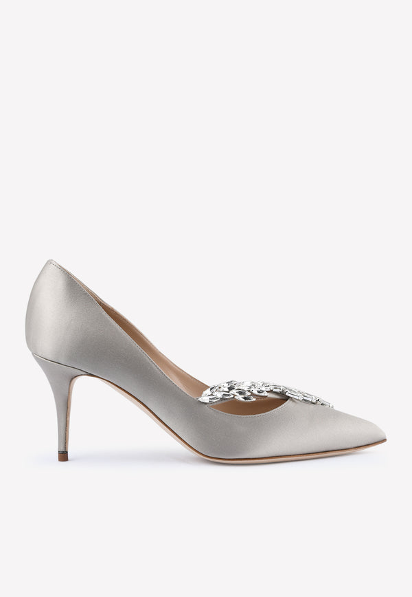 Manolo Blahnik Nadira 70 Crystal Leaf Satin Pumps Grey NADIRA 70 GREY 0502 0368-0040