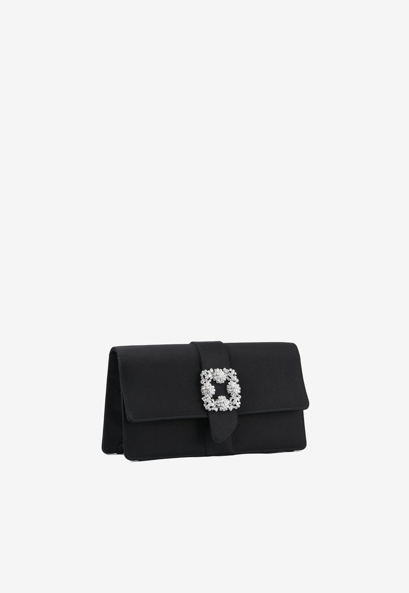 Manolo Blahnik Capri Satin Clutch with CLC Crystal Buckle Black CAPRI CLC BLACK 0015 0783-0050