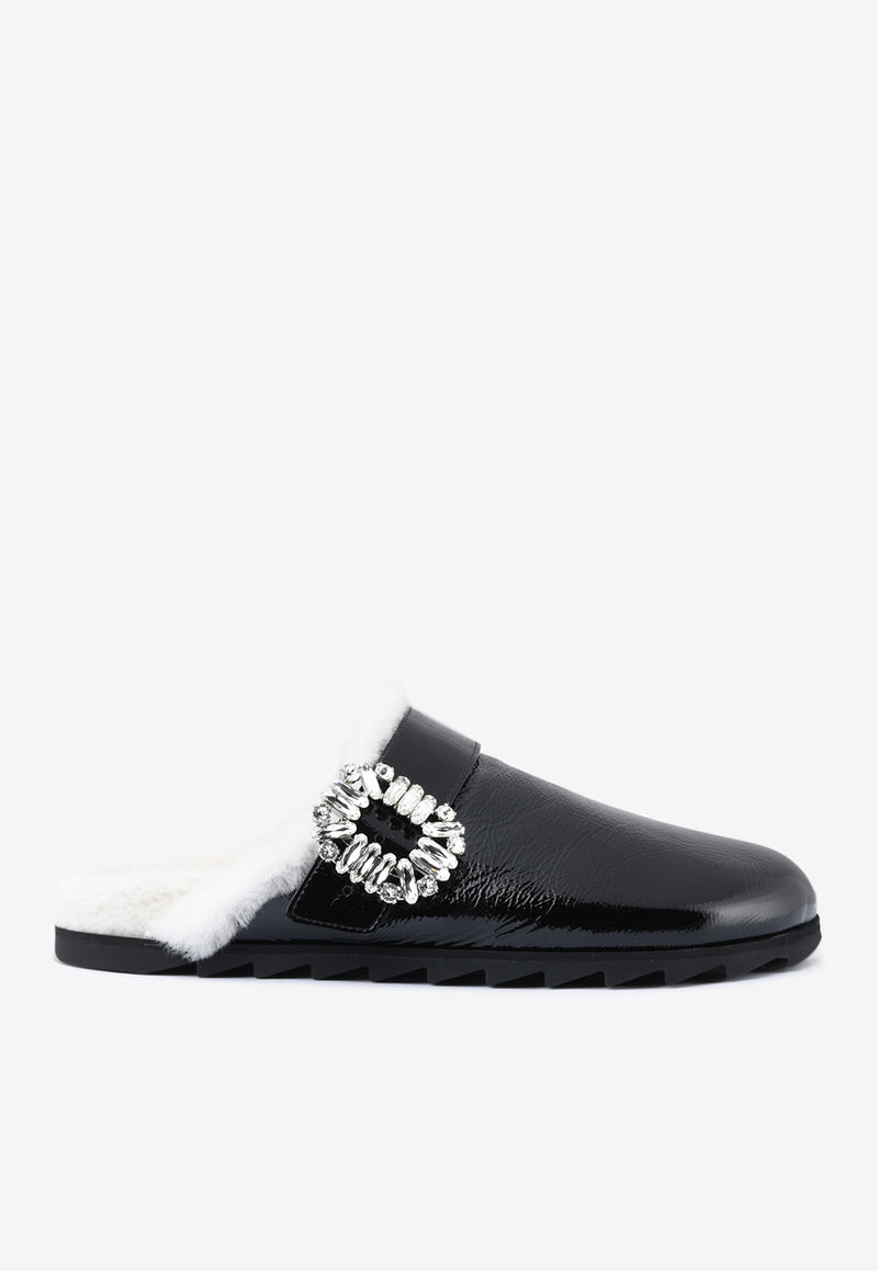 Roger Vivier Slidy Viv Crystal Buckle Shearling Mules Black RVW62531600KFU08CE CHIC+FODERA MONTONE