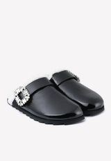 Roger Vivier Slidy Viv Crystal Buckle Shearling Mules Black RVW62531600KFU08CE CHIC+FODERA MONTONE