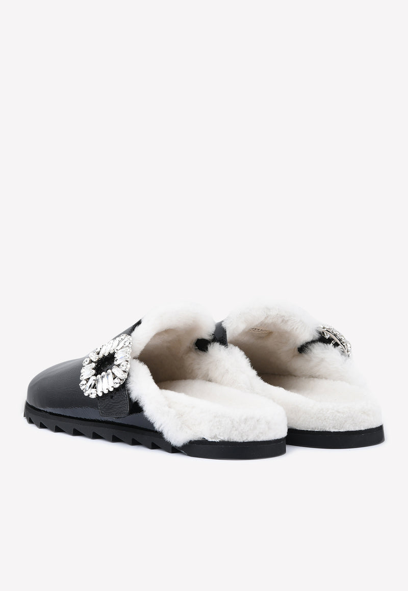 Roger Vivier Slidy Viv Crystal Buckle Shearling Mules Black RVW62531600KFU08CE CHIC+FODERA MONTONE