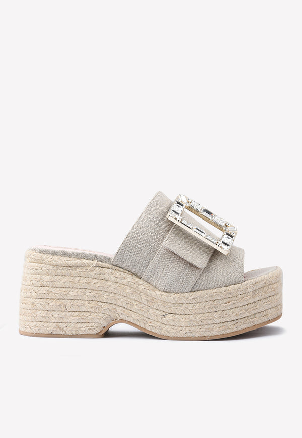 Roger Vivier 85 Crystal Buckle Espadrille Platform Sandals Beige RVW61931050FOJC803 TESSUTO ALPI