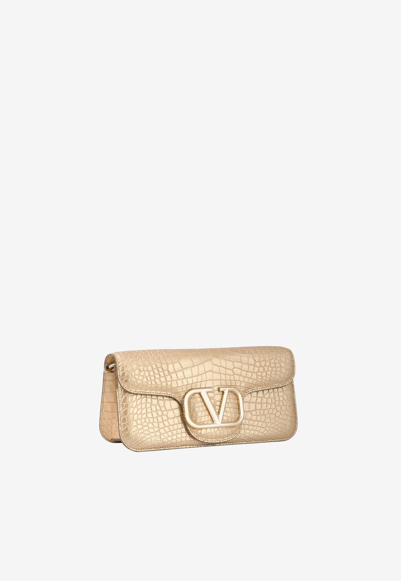 Valentino LOCÒ Croc-Embossed Shoulder Bag in Laminated Leather with VLogo Plaque Gold XW0B0K30YVW H08