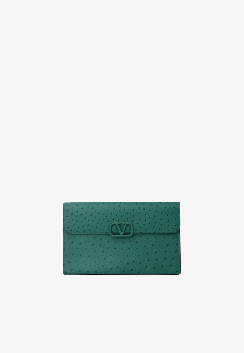 Valentino Large VLogo Envelope Clutch in Ostrich Leather Green XW2P0T44CFQ T70