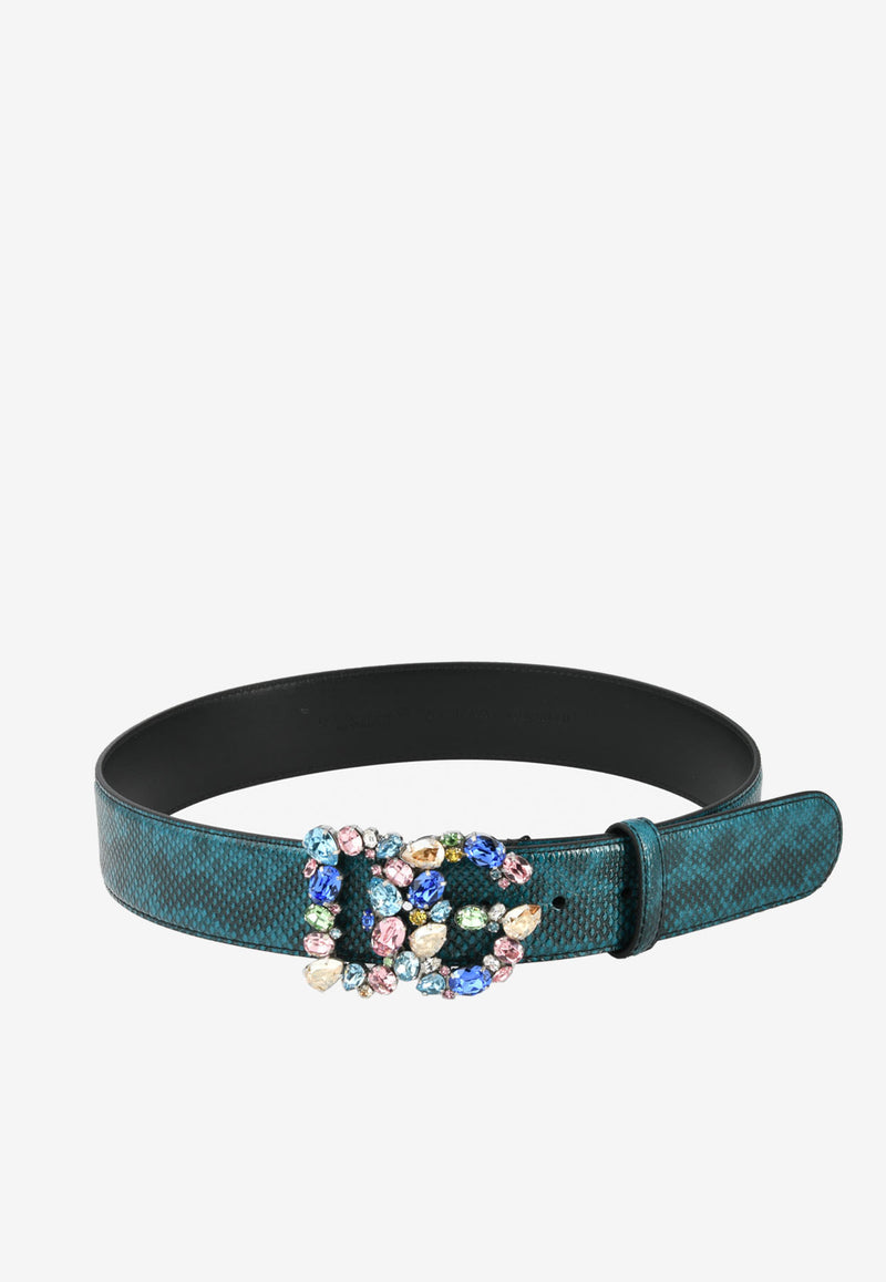 Dolce 
Gabbana DG Crystal Belt in Python-Print  Leather Blue BE1501 AY063 80620