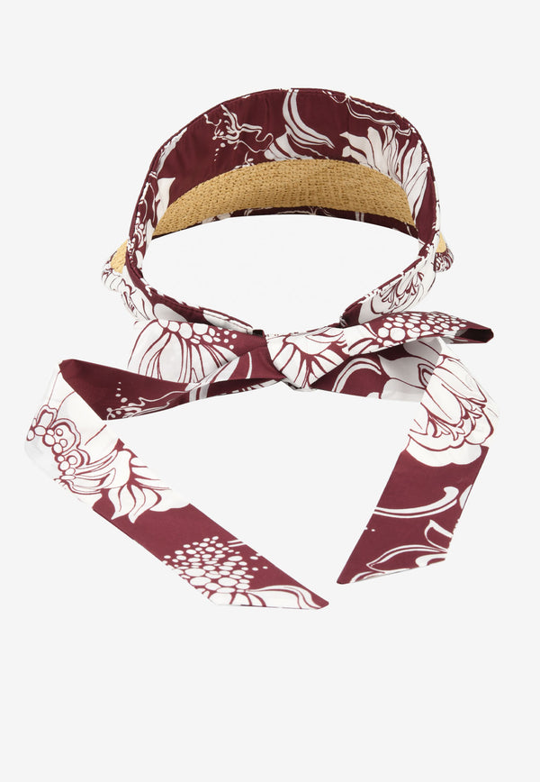 Valentino Floral Print Satin-Trimmed Woven Raffia Visor Bordeaux XW0HNA05BKY 7LZ