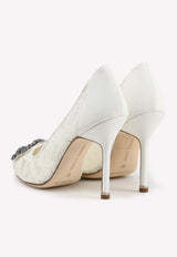 Manolo Blahnik Hangisi 105 Lace Pumps with FMC Crystal Buckle Cream 9XX-0698CREAM