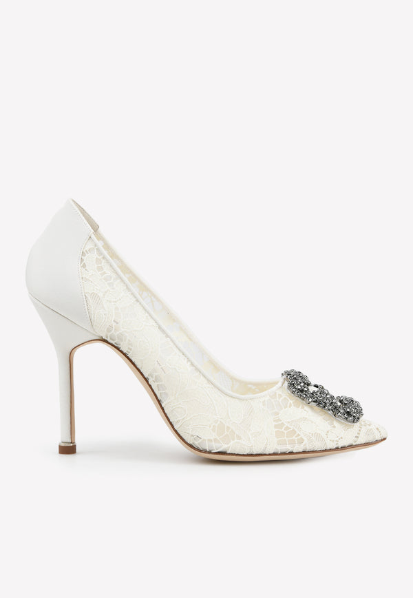 Manolo Blahnik Hangisi 105 Lace Pumps with FMC Crystal Buckle Cream 9XX-0698CREAM