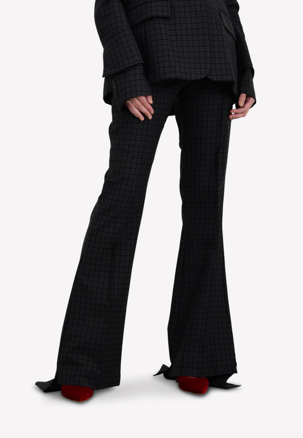 Checked Pintuck Flared Trousers