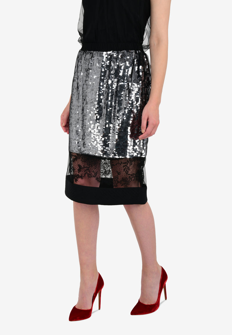 Lace Panel Tulle Sequin Pencil Skirt