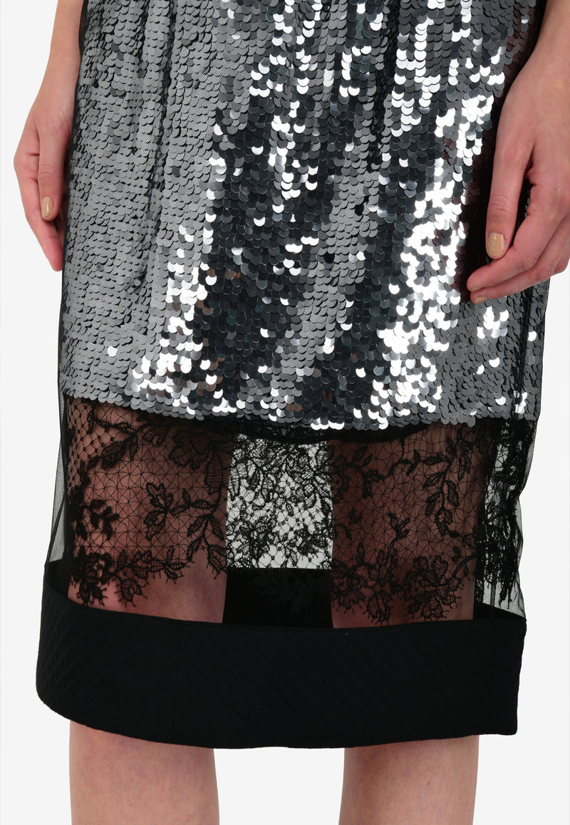 Lace Panel Tulle Sequin Pencil Skirt