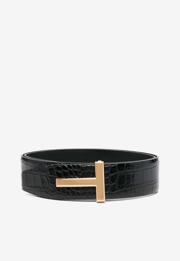 Tom Ford T Plaque Croc-Embossed Leather Belt Black WB206TN-LCL299 U9000