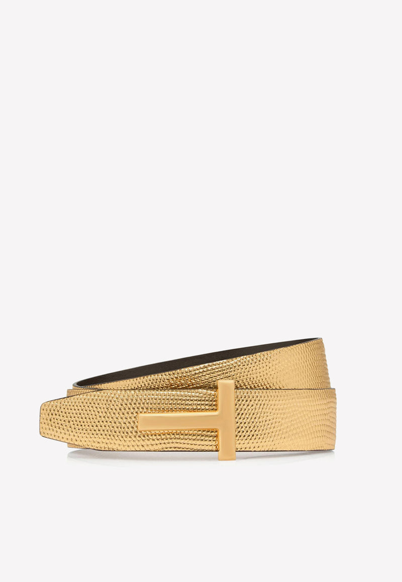 Tom Ford T Buckle Reversible Belt in Metallic Lizard Print WB207-LCL335G 3YN09 Gold