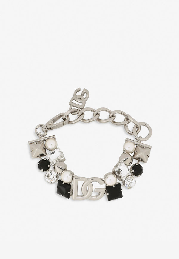 Dolce 
Gabbana Rhinestone Embellished DG Logo Bracelet Silver WBO6Z2 W1111 87655