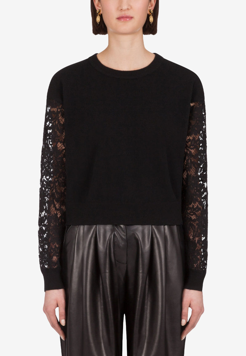 Dolce 
Gabbana Black Lace-Sleeved Cashmere Sweater FX960T JAM7O N0000